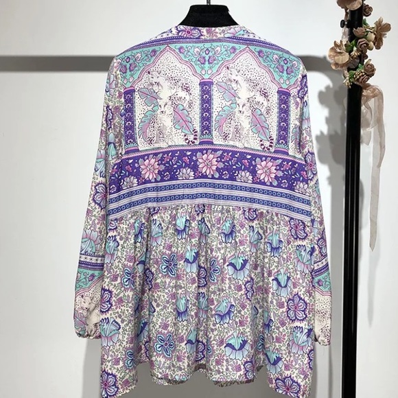 Boho Floral & Leopard Purple Button Neck Blouse - Picture 3 of 6